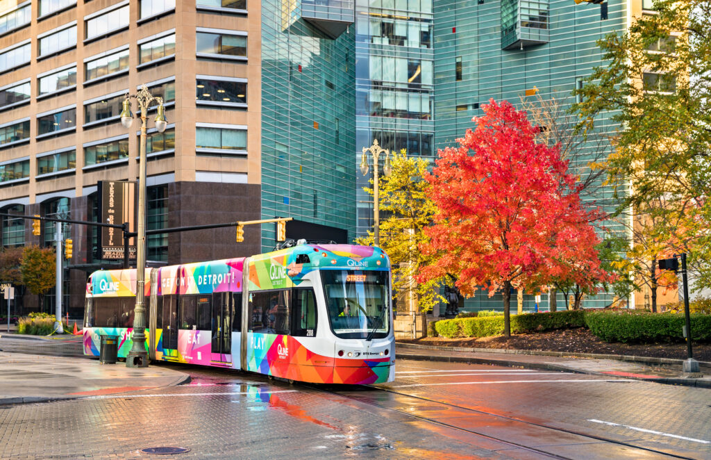 Detroit, United States - November 2, 2019: City tram in Downtown Detroit. This modern streetcar line was opened in 2017